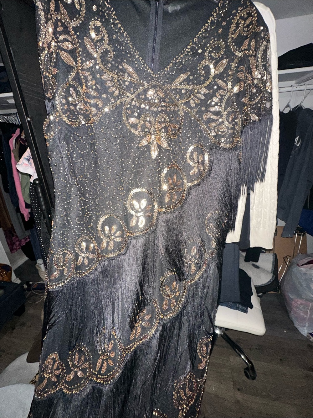 Black Beaded Fringe Evening Dress with Gold Embellishments